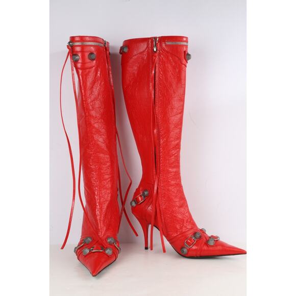 Balenciaga Cagole Boots Red Leather Knee High Pointed Toe Size 37.5 - Picture 7 of 16